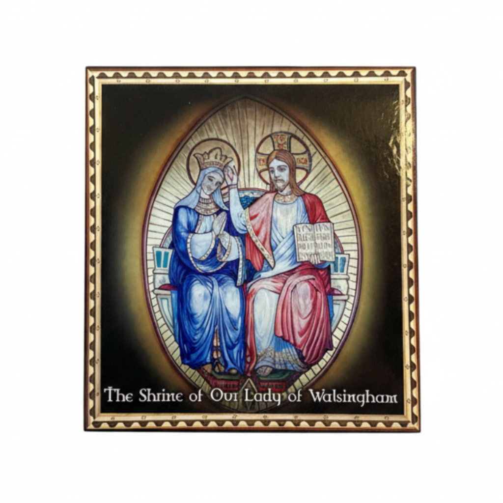 Icon of The Coronation of Our Lady, featuring two figures, presumably Mary and Jesus, with halos, seated and looking towards a viewer outside the image. The text 'The Shrine of Our Lady of Walsingham' is visible at the bottom.