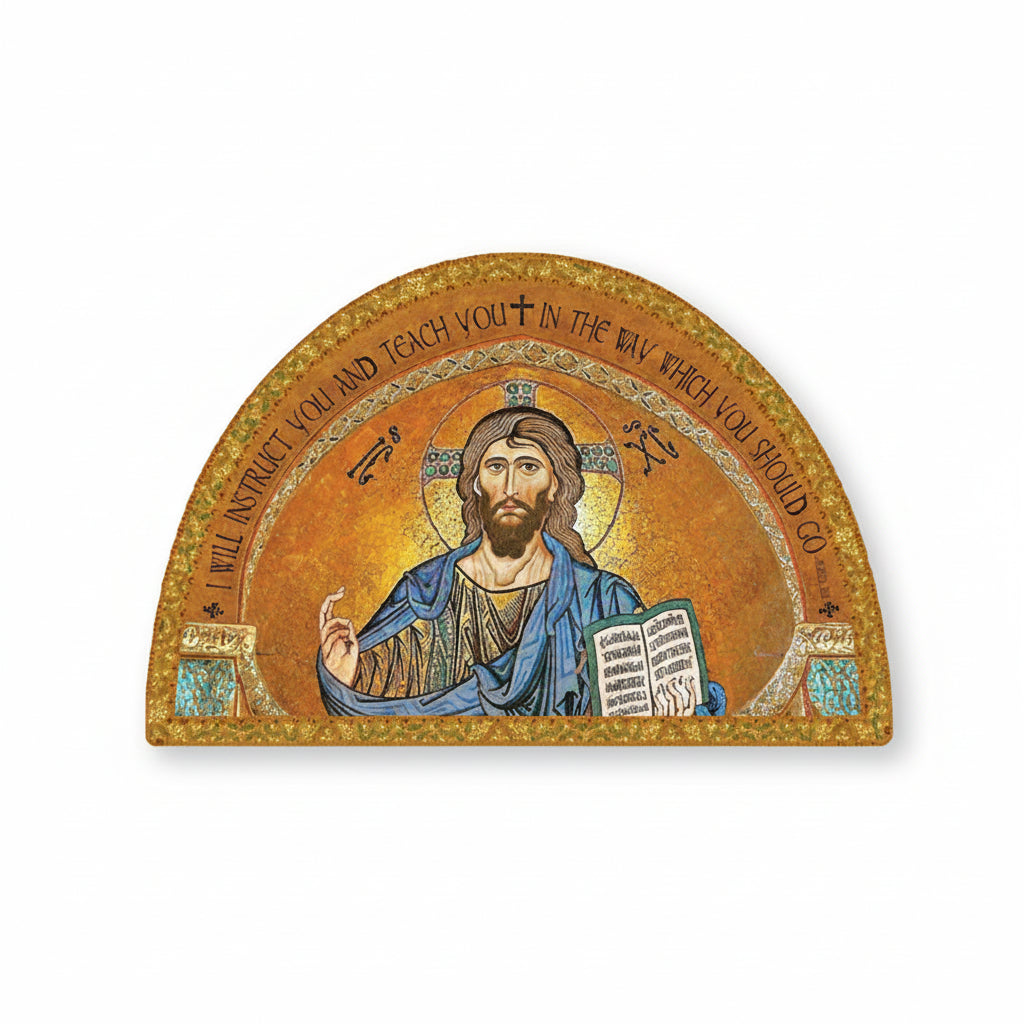 A gold foil highlighted wooden plaque with an icon of Jesus Christ.