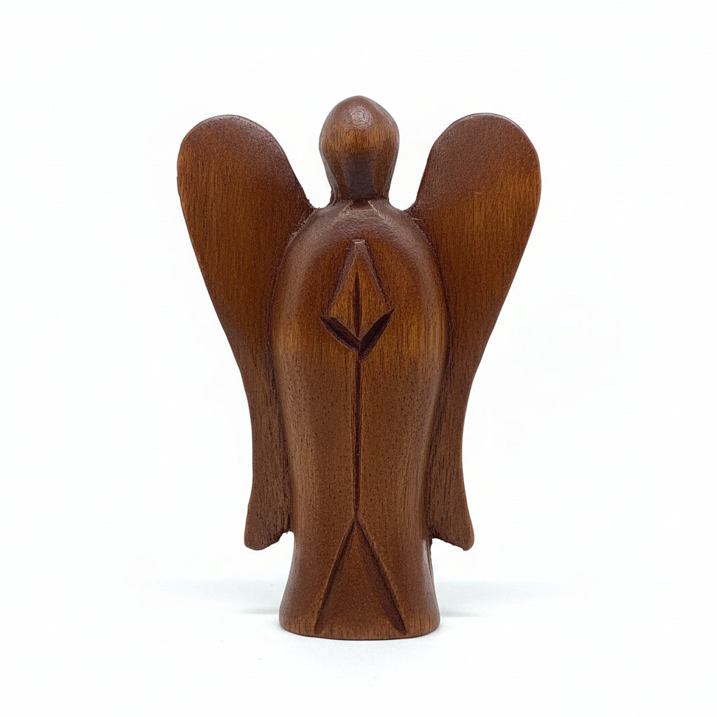 A wooden statue of an angel with a simple and elegant design, featuring smooth wings and a serene expression.