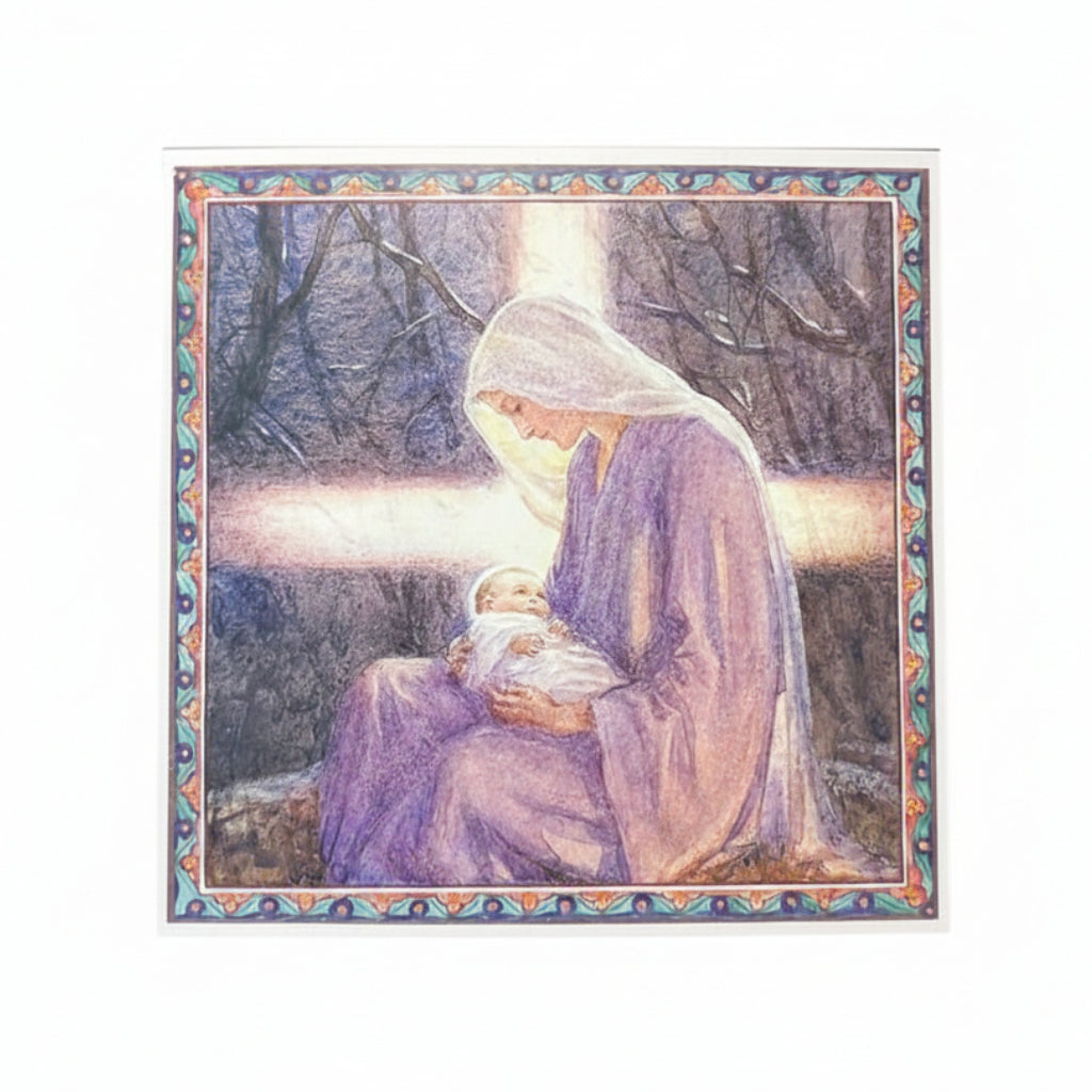 Illustration of a woman holding a baby in a snowy landscape with decorative border