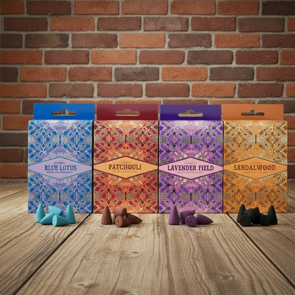 Four boxes of incense cones, each with a different color and pattern. The boxes are labeled with the scents jasmine, patchouli, lavender field, and sandalwood.