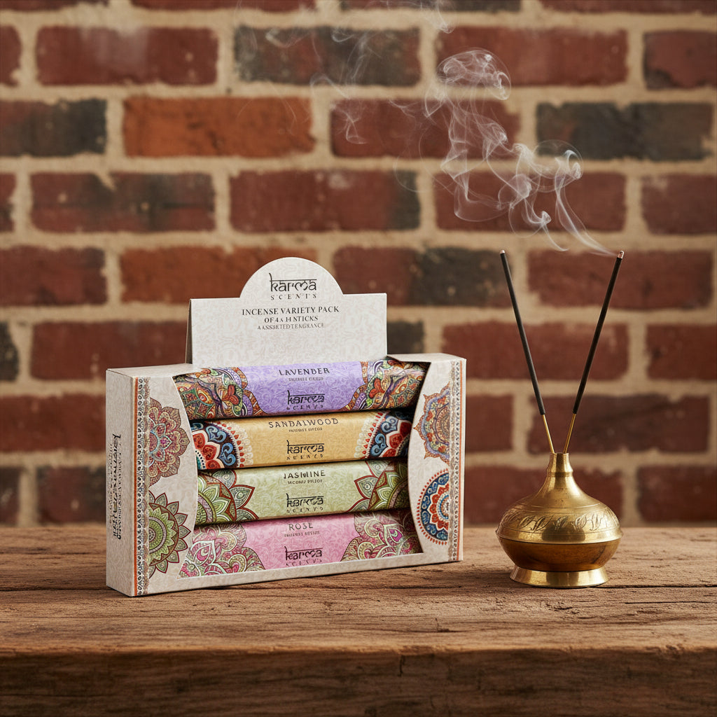 A pack of assorted incense sticks in four different colors, each labeled with their respective scent names: Lavender, Sandalwood, Jasmine, and Rose.