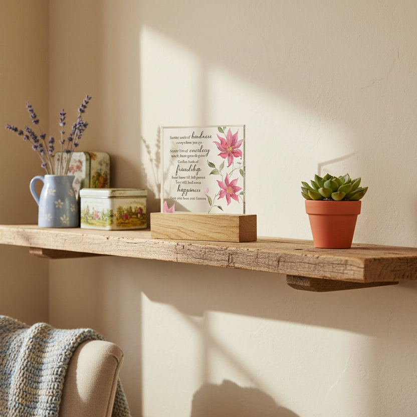 A clear glass plaque with beveled edges, featuring a pink floral design and text that reads 'Scatter seeds of kindness every where you go; Watch them grow and blossom into friendship; Gather them to your heart, they will bring you happiness.' On a wooden base.