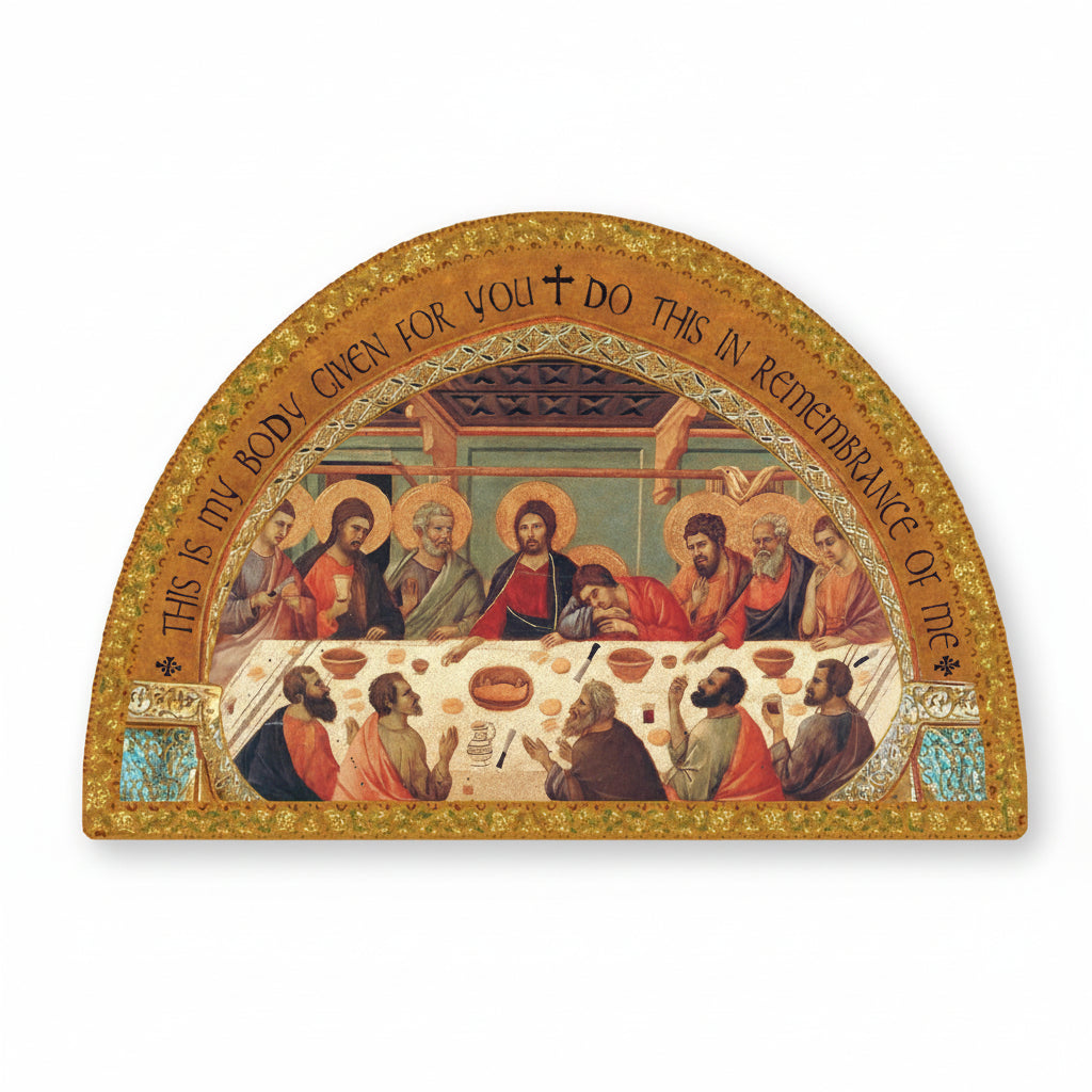 A gold foil highlighted icon of the Last Supper on a wood plaque with multiple figures around a table.