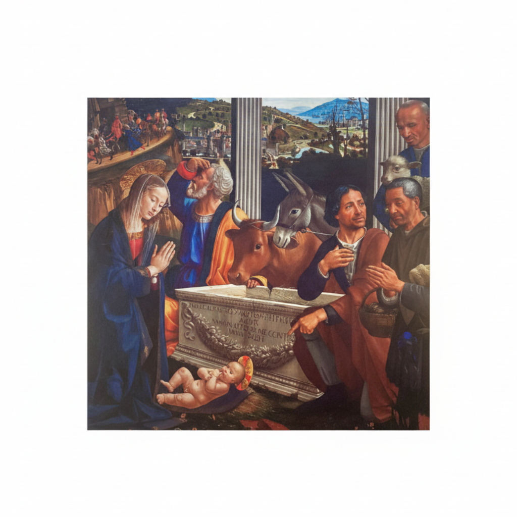 A greeting card featuring an artistic depiction of the nativity scene with the shepherds adoring the baby Jesus.