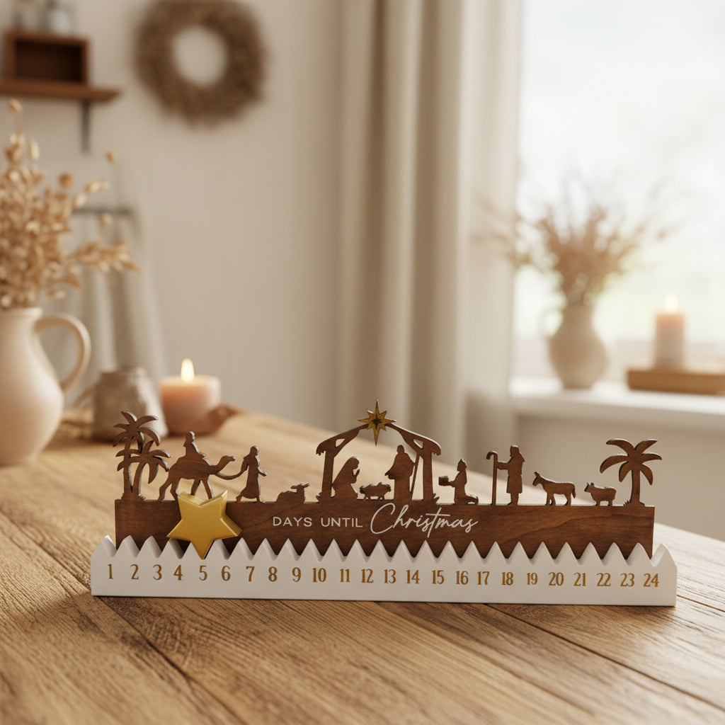 Christmas nativity scene countdown calendar with wooden figures and a gold star on a white background.