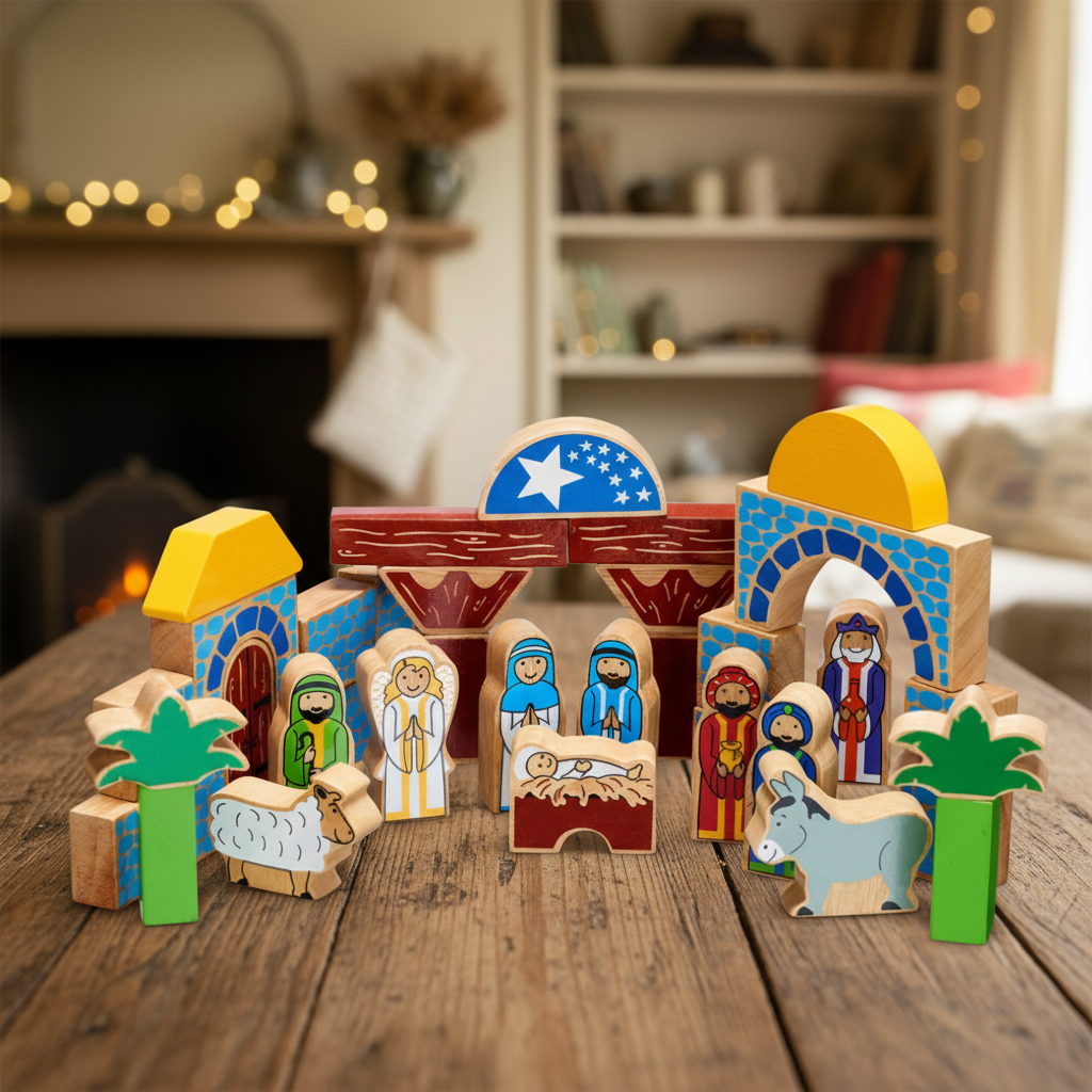 Wooden nativity scene set with characters and architecture on a white background