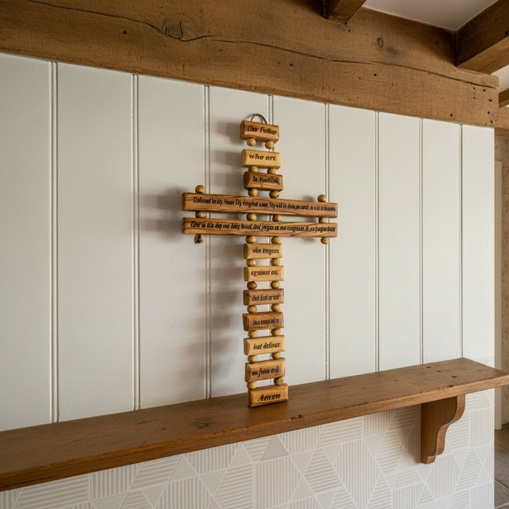 A wooden cross with the 'Our Father' prayer written vertically in multiple sections.