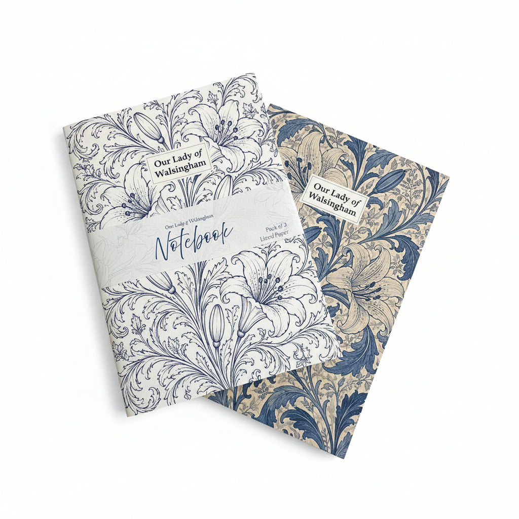 Two patterned notebooks with floral designs, one in blue and white and the other in navy and beige, both labeled 'Our Lady of Walsingham',