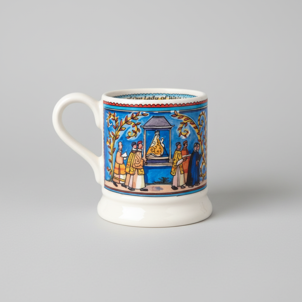 Decorative mug with colorful illustrations on a white background