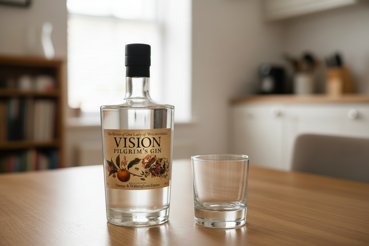 A clear glass bottle of Vision Pilgrim's Gin with a label that includes 'Orange & Walsingham Honey' and the text 'The Shrine of Our Lady of Walsingham, England's Nazareth in North Norfolk'. The bottle is sealed with a black cap and set against a plain background.