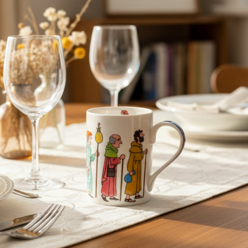 A fine bone china mug with a colorful illustration of a pilgrim's procession.