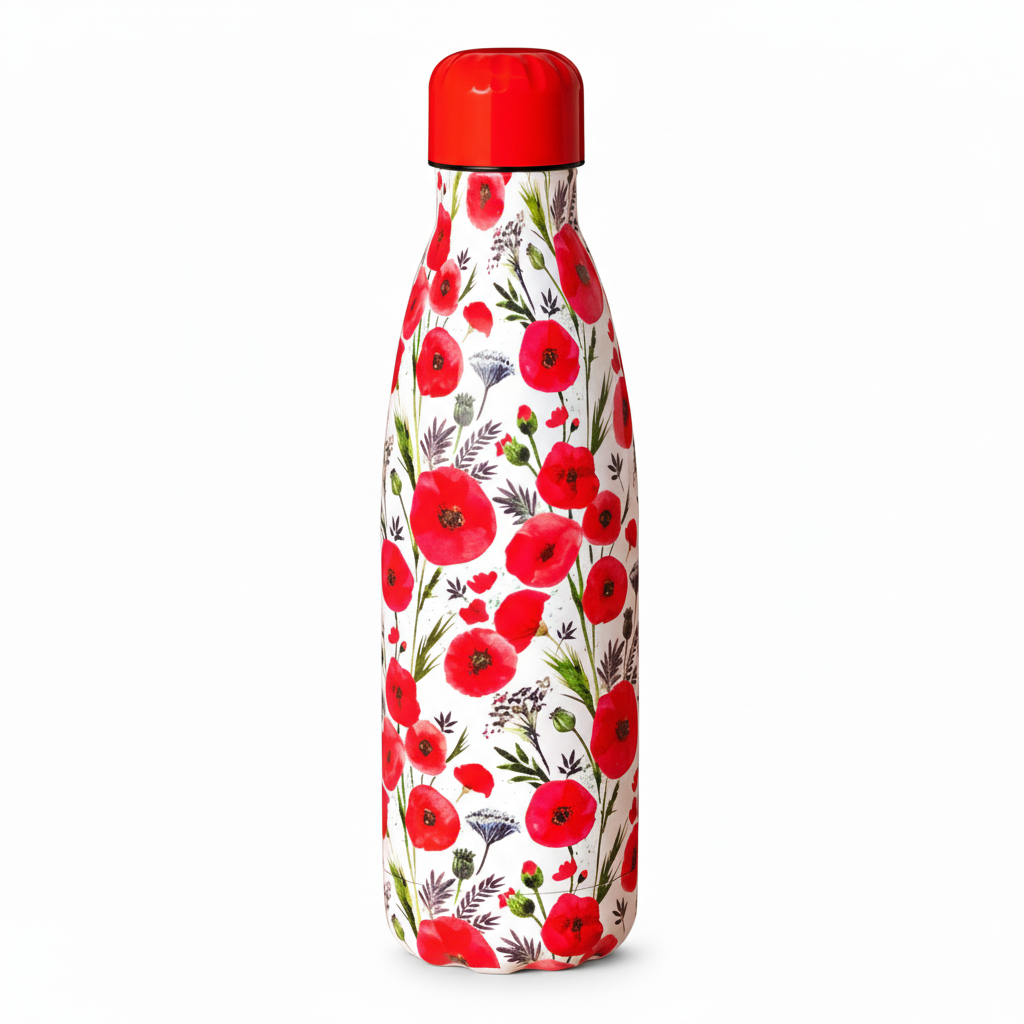 Floral-patterned bottle with red cap on a red background
