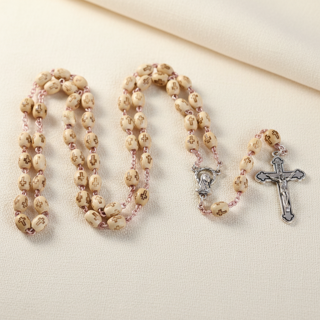 A natural wood bead rosary with a metal cross and a figure of Jesus in the center.