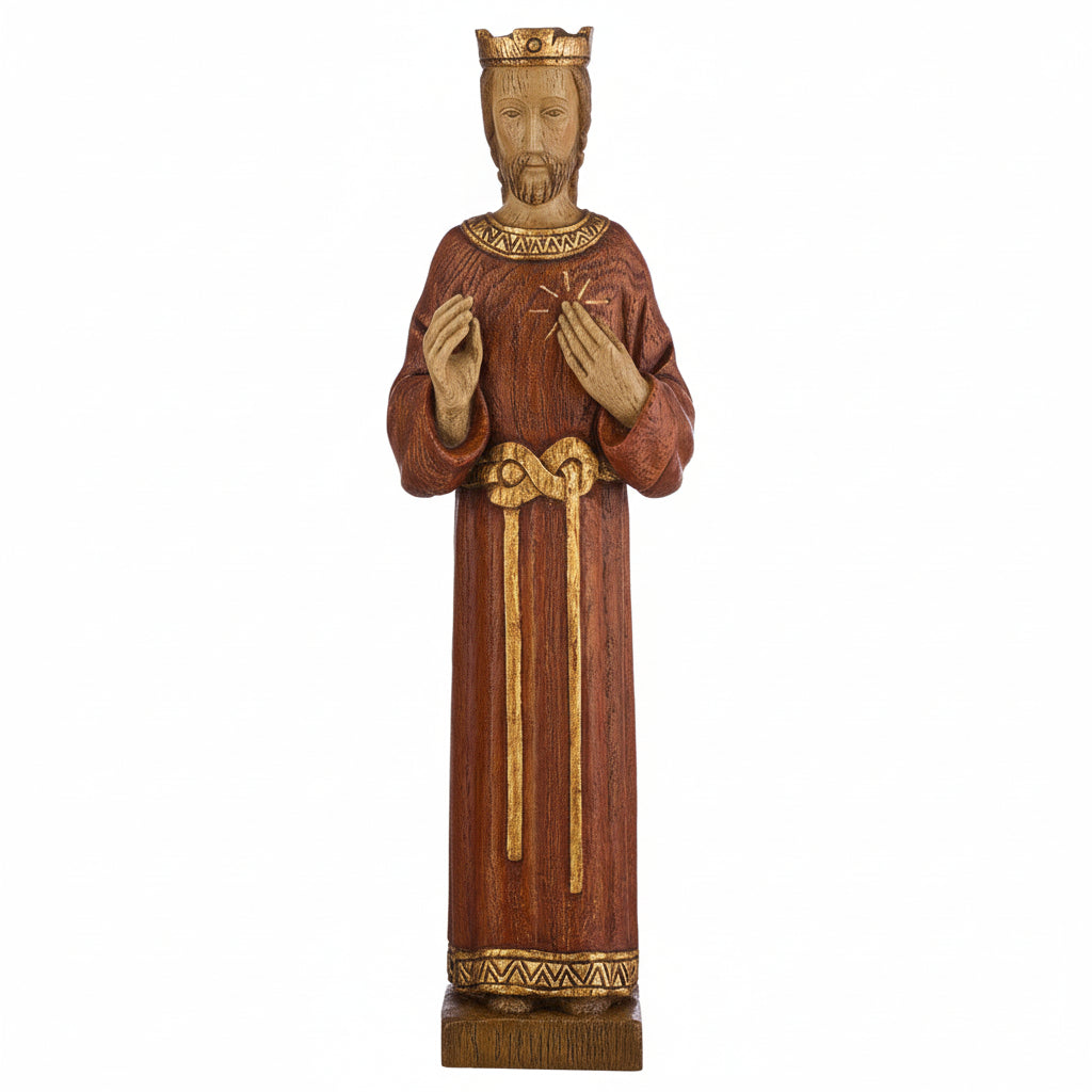 Wooden statue of a religious figure with a crown and robe on a white background