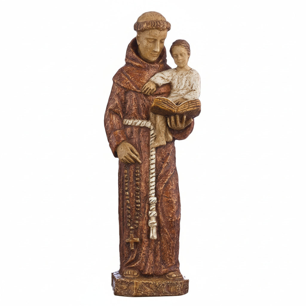 Statue of a religious figure holding a child on a white background