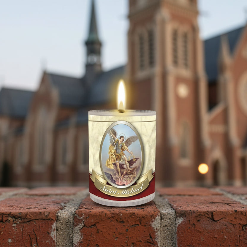 Candle with Saint Michael illustration on a gold and red background