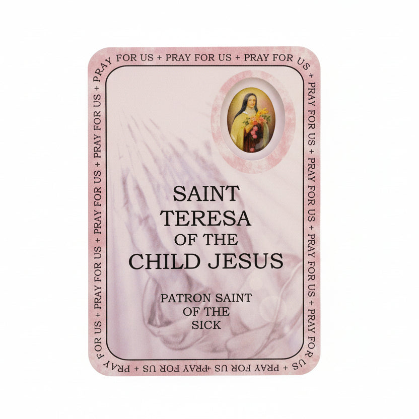Card featuring Saint Teresa of the Child Jesus on a wooden surface