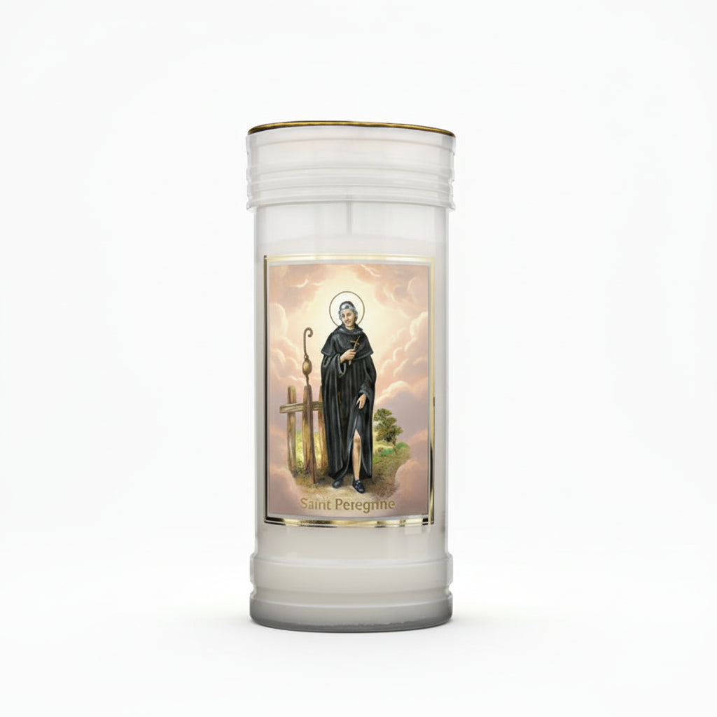 Candle with a printed image of a religious figure on a white background