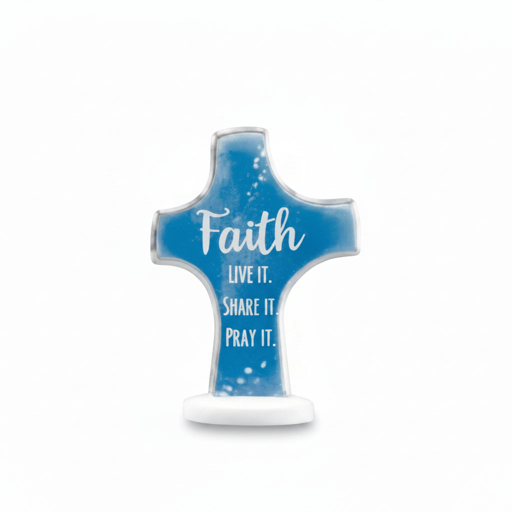 Blue cross-shaped decorative item with 'Faith' text on a brown background