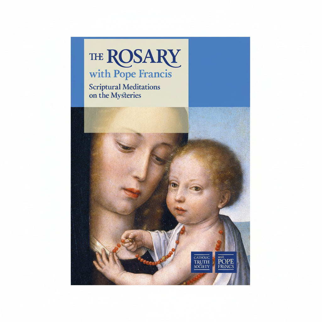 Cover of the book 'The Rosary with Pope Francis: Scriptural Meditations on the Mysteries' featuring an illustration of the Virgin Mary with a child.