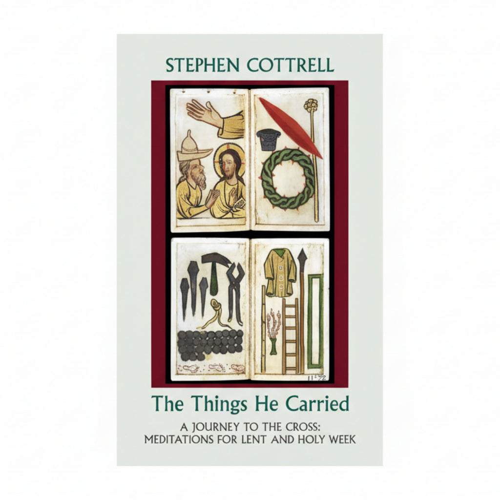 A book cover featuring an illustration related to the passion of Jesus, including iconographic elements and physical objects like a cross and a crown.