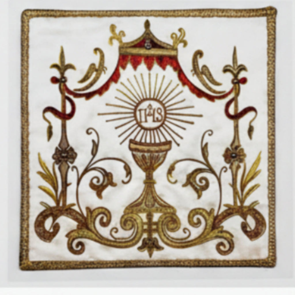 A greeting card featuring an embroidered design of a chalice with the IHS symbol, decorative elements in gold and red, and the OLW greeting.