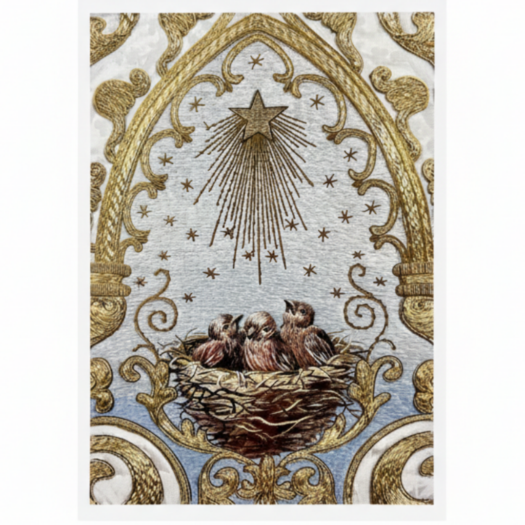 A Christmas card featuring a printed image of birds in a nest with a star and ornate gold patterns on a blue background, enclosed in a clear cellophane wrapper.