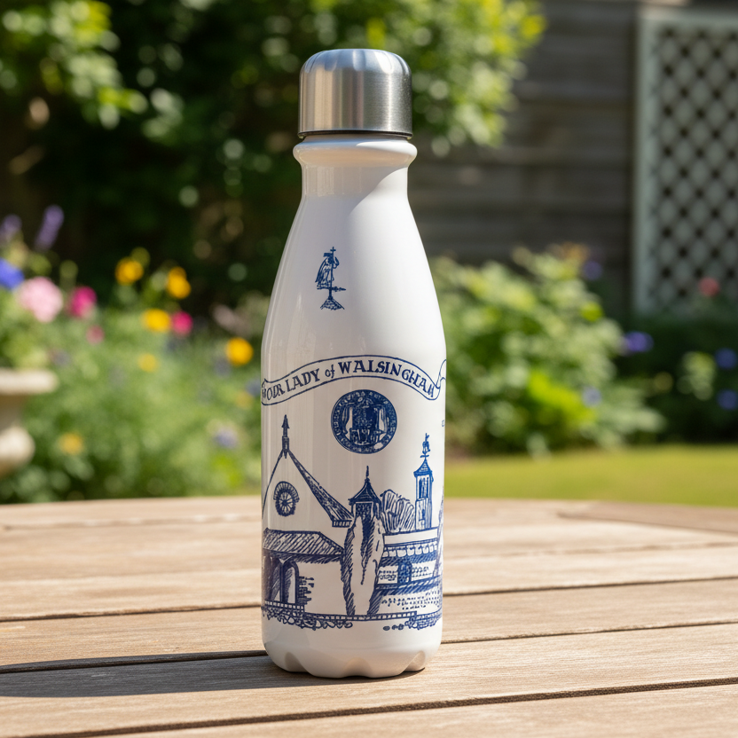 White water bottle with blue design on a wooden table outdoors