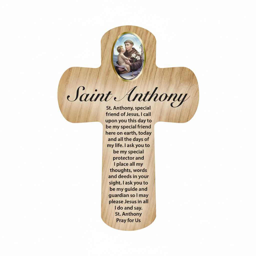 Wooden cross with St. Anthony prayer and portrait on a white background