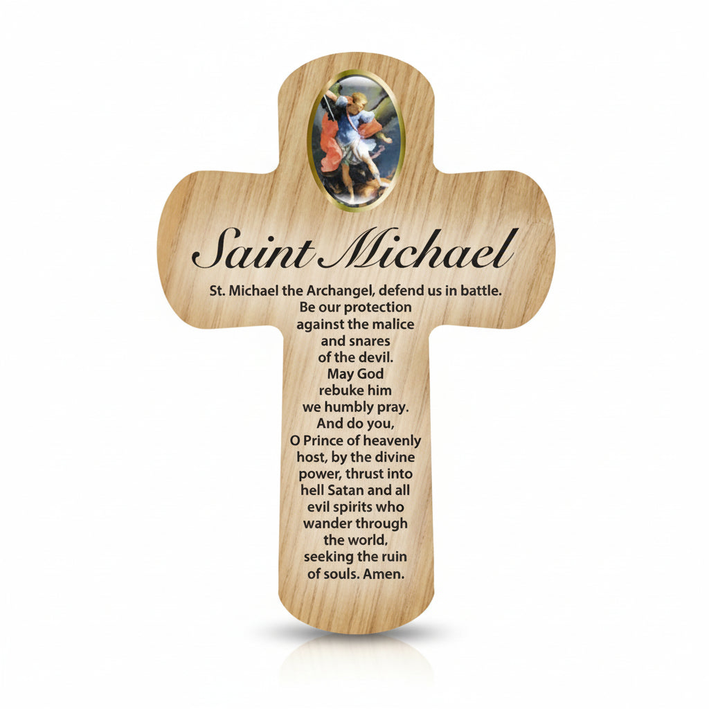 Wooden cross with Saint Michael prayer and image of Archangel Michael on a white background