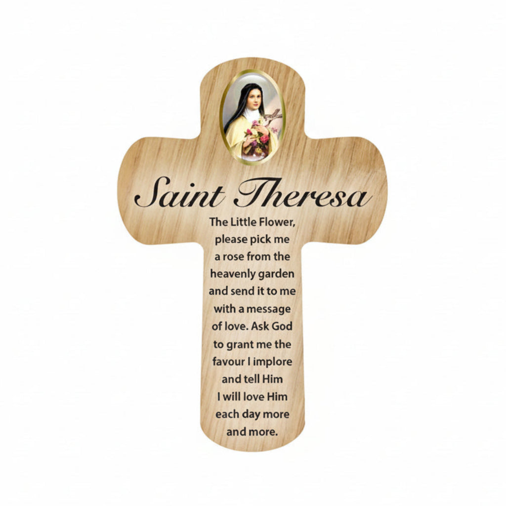 Wooden cross with an image of Saint Theresa and prayer text on a white background