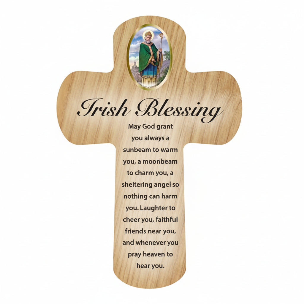 Wooden cross-shaped plaque with an Irish blessing and a picture of a saint on a white background