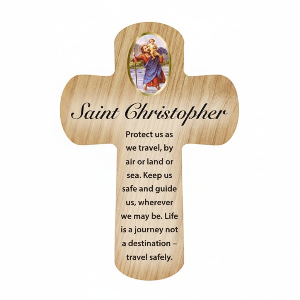 Wooden cross with Saint Christopher prayer and image of a saint on a white background