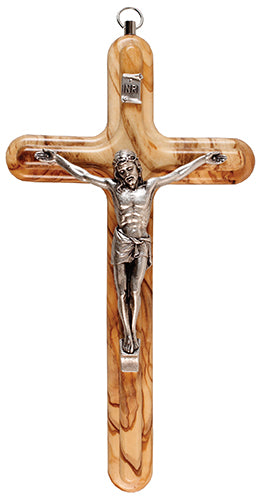 Olive Wood Embossed Hanging Crucifix 8"