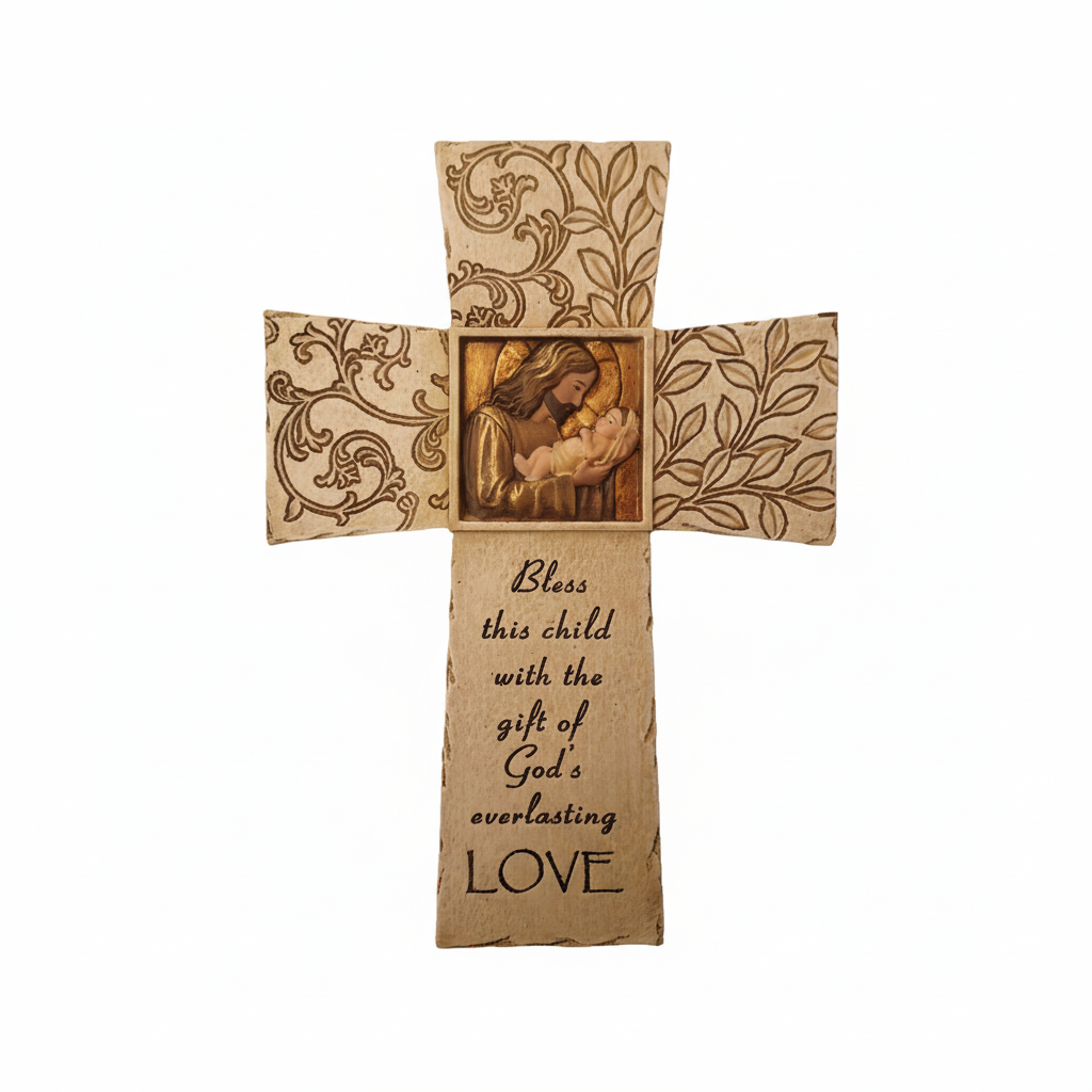 A wall cross featuring an image of Jesus and a baby with the text 'This child with the gift of God's love' and the cross symbol itself is adorned with gold accents and a golden hue.