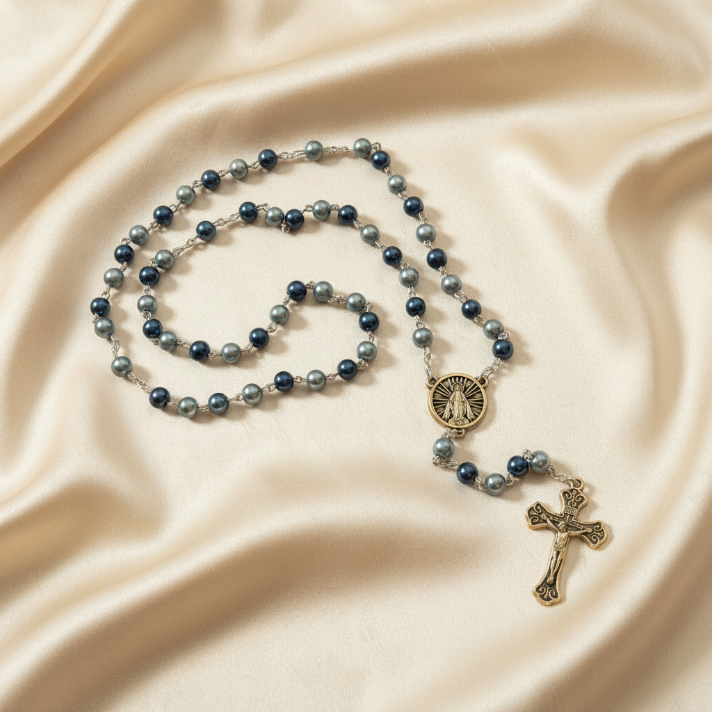 A blue rosary with silver accents and a cross pendant