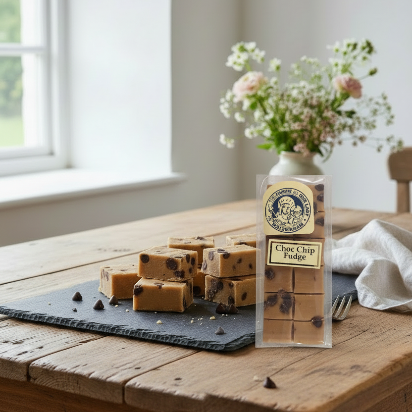 A piece of chocolate chip fudge with visible chocolate chips, with a label that includes the text 'Choc Chip Fudge' and 'The Shrine Of Our Lady Of Walsingham'.