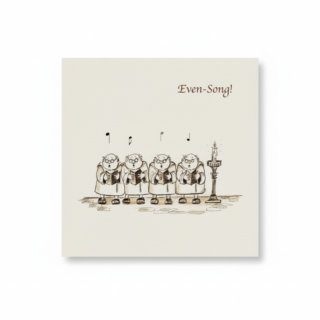 Greetings card with a cartoon illustration of three figures resembling church musicians, with the text 'Even-Song!' and musical notes.