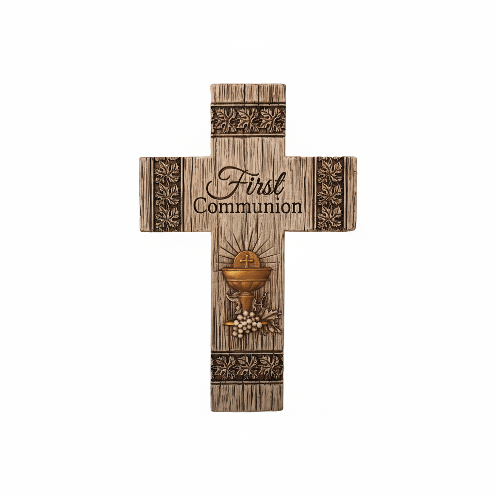 A wooden cross with a First Communion label, featuring a central egg design and decorative elements.