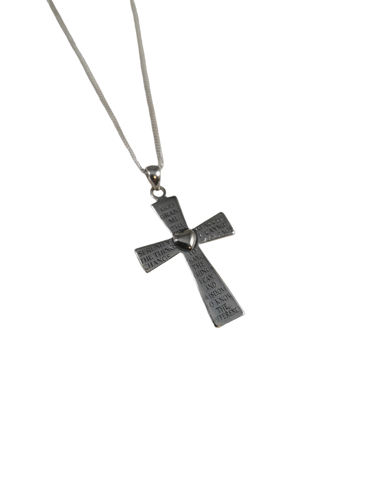 Sterling Silver Serenity Prayer Cross with Heart Necklace