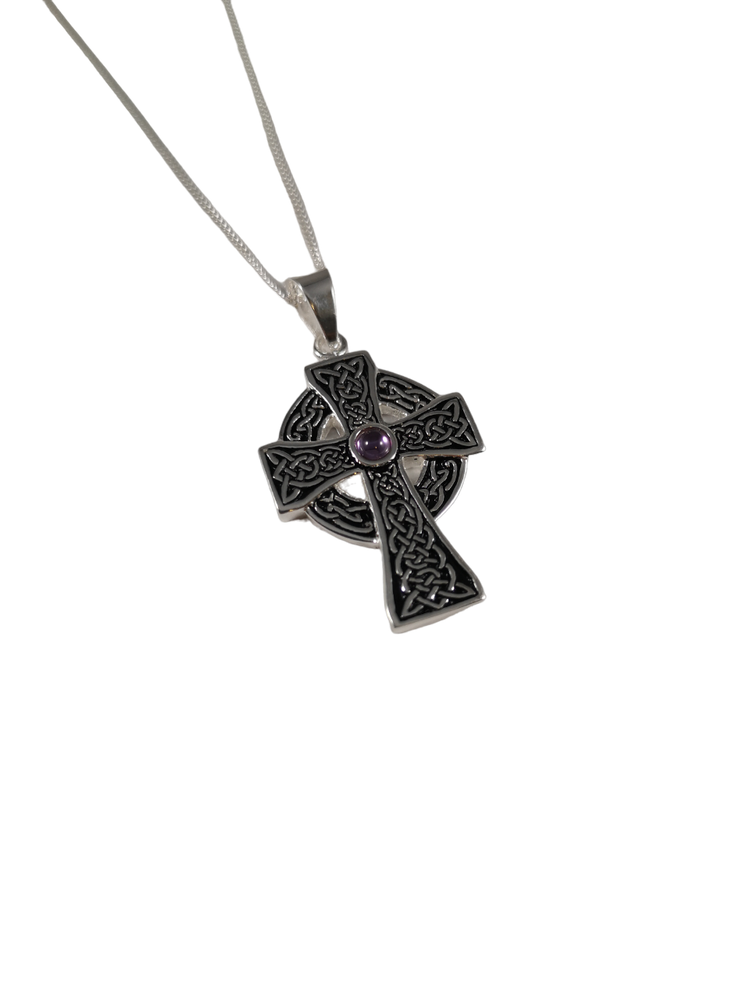 Sterling Silver Celtic Cross with Amethyst Stone Necklace