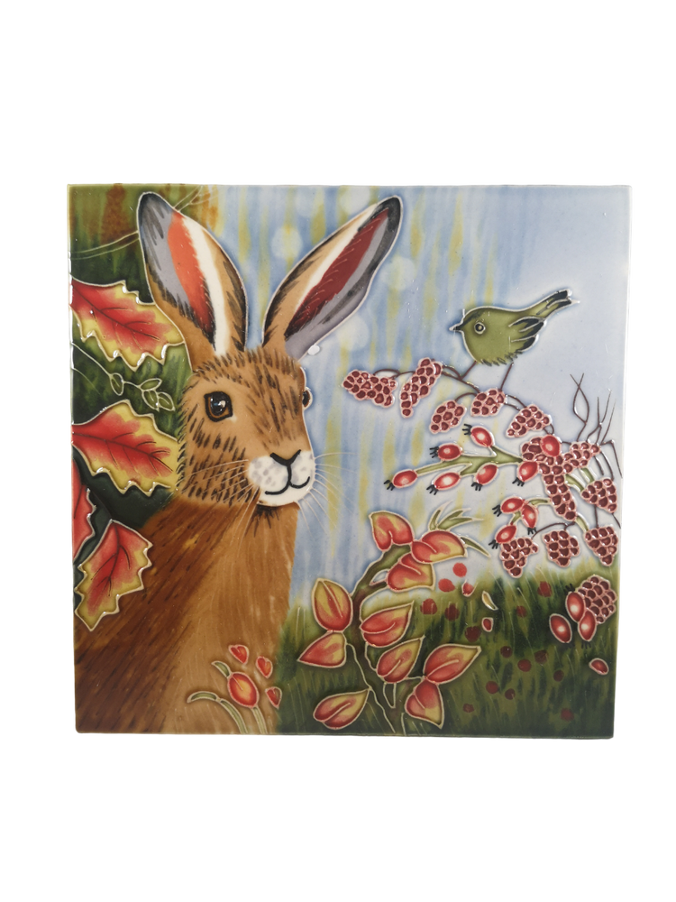 Hand Painted Ceramic Tile – Hare and Autumn Berry