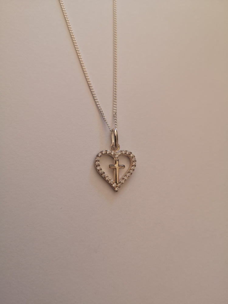 Sterling Silver Cubic Zirconia Heart with Cross Necklace