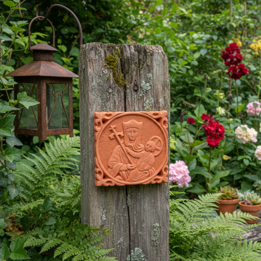 A terracotta wall tile featuring an image of Our Lady of Walsington, with intricate designs around the border.