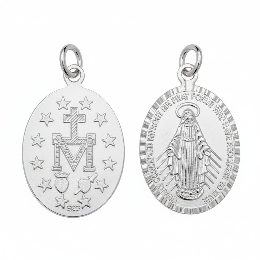 A sterling silver necklace featuring two round medallions with religious motifs. One medallion has the Miraculous Medal with stars and the letter 'M', while the other features a cross with the inscription 'Sacred Heart of Jesus'.