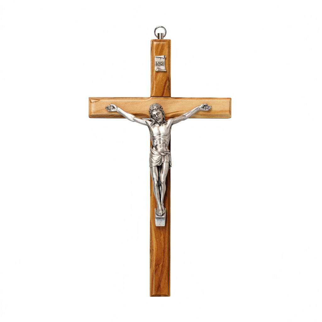 Olive wood hanging crucifix with metal corpus, singly boxed.