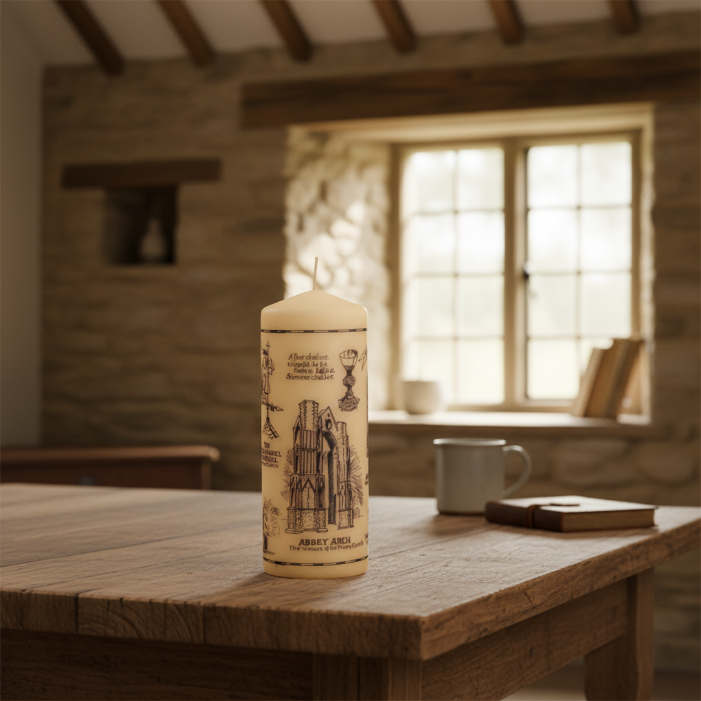 A pillar candle with a label featuring illustrations and text related to Our Lady of Walsingham, indicating it as a souvenir from the Shrine.