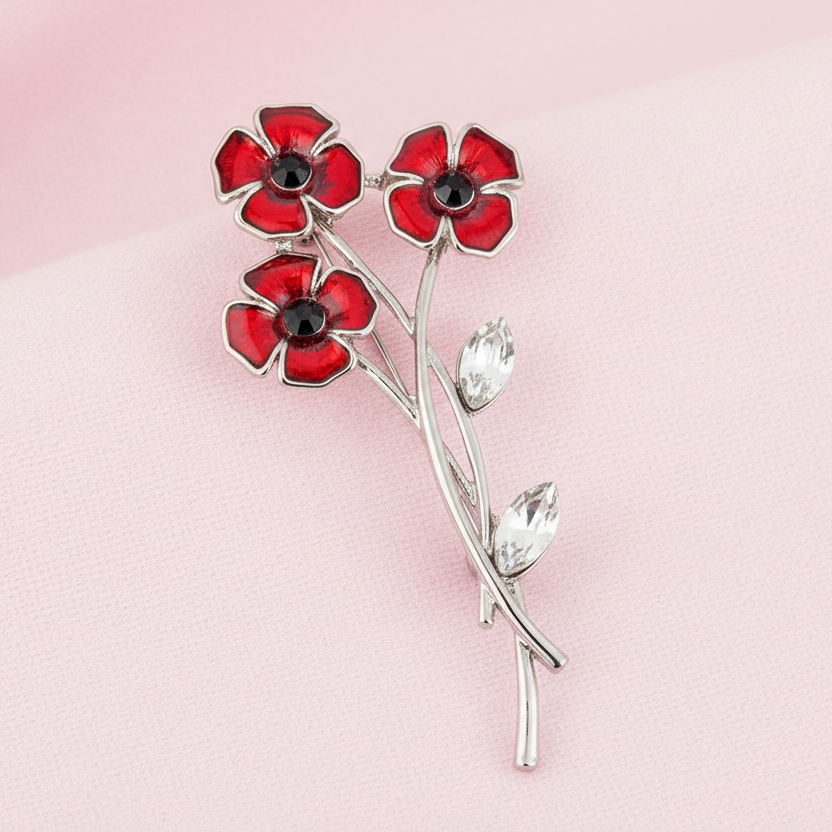 a sterling silver 3 stemmed poppy brooch