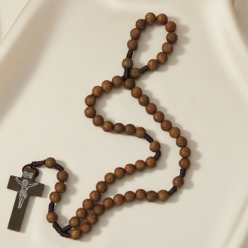 A rosary with round beads and a wooden cross, featuring a black cord.